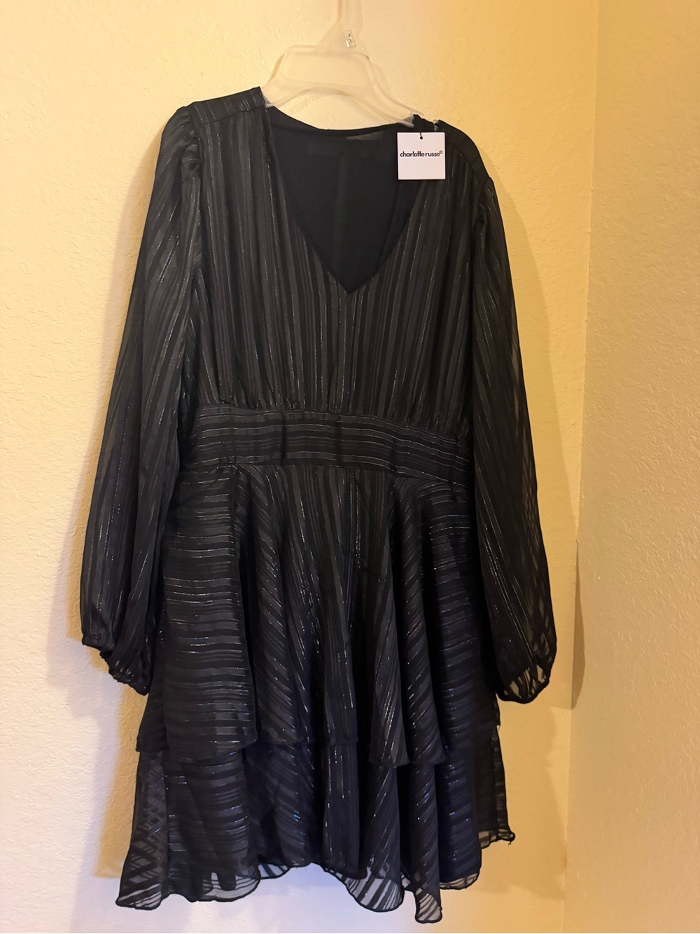 Charlotte Russe Black Long-Sleeve V-Neck Tiered Dress with Metallic Stripes
